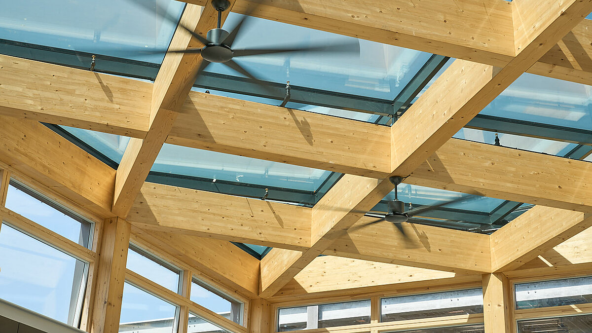 Close-up of the LAMILUX PR60 glass roof with timber structure and ceiling fans in an office building.