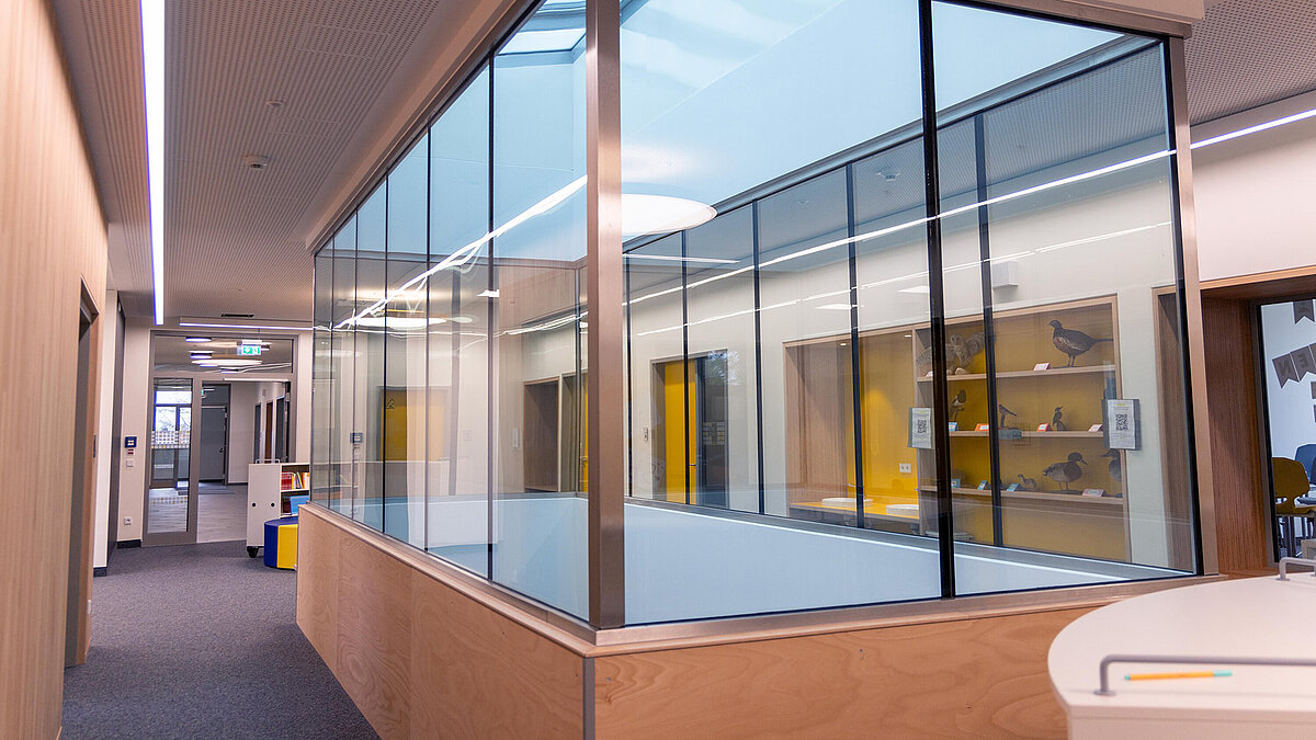LAMILUX glass roof PR60 over glazed daylight shaft in Burgebrach school centre.
