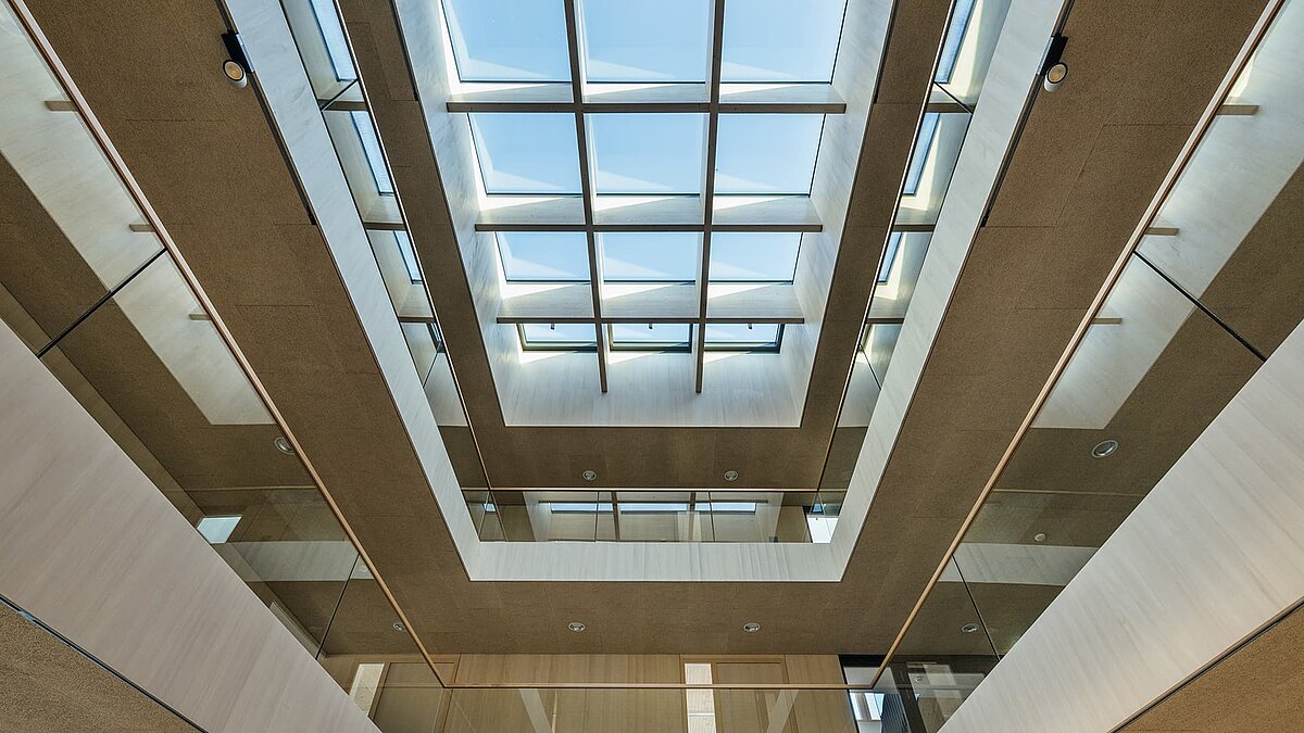 View upwards through a glass roof in the green centre of Immenstadt with modern wood and glass architecture.