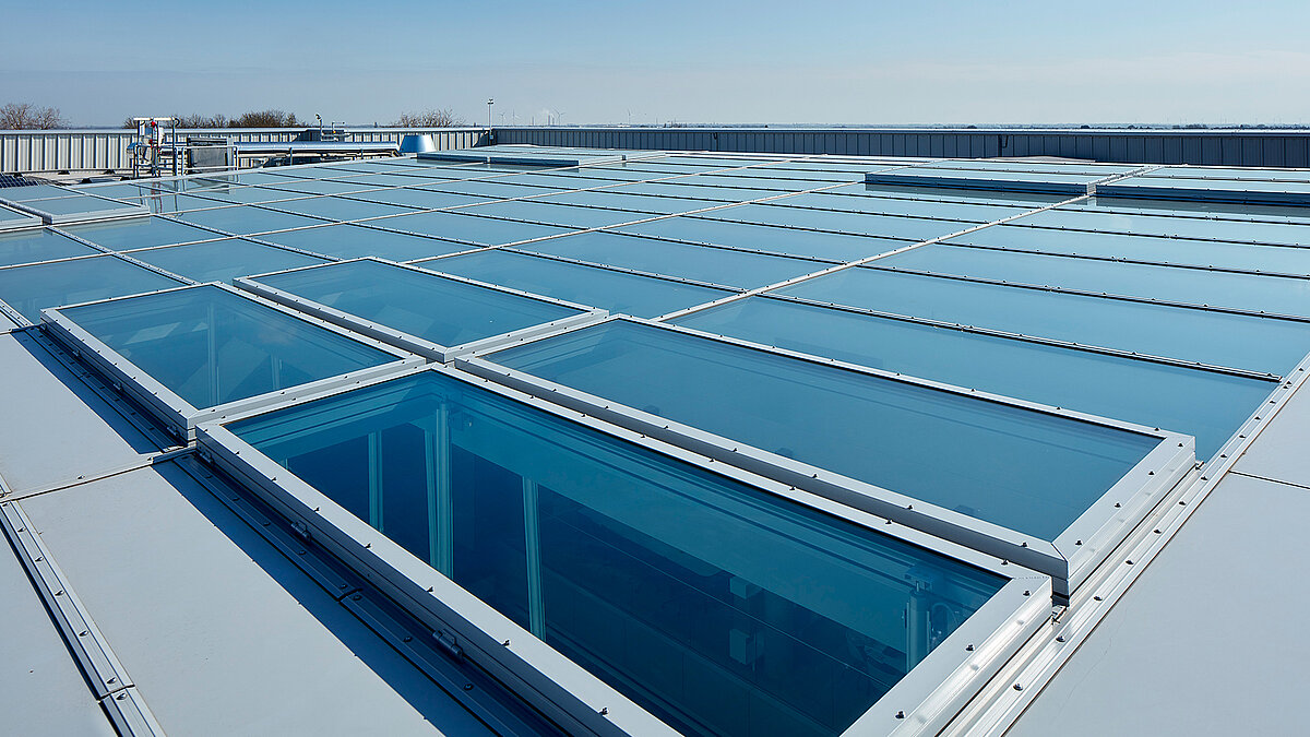 Large flat roof with numerous flat roof windows