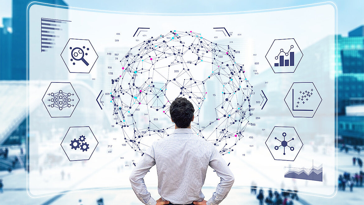 Man in front of digital background