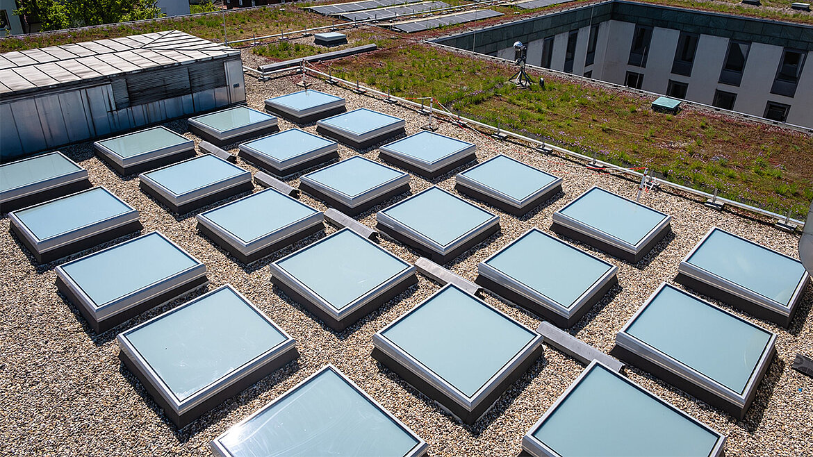 Several LAMILUX Glass Skylights FE on the roof