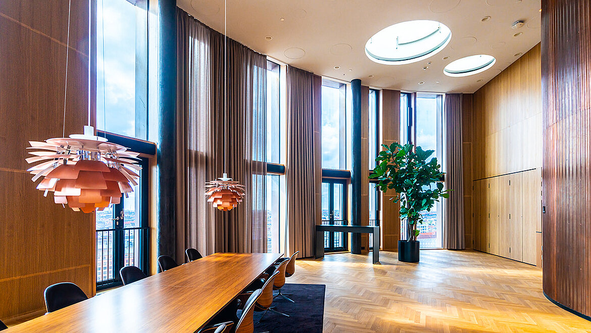 Modern conference room with round skylights