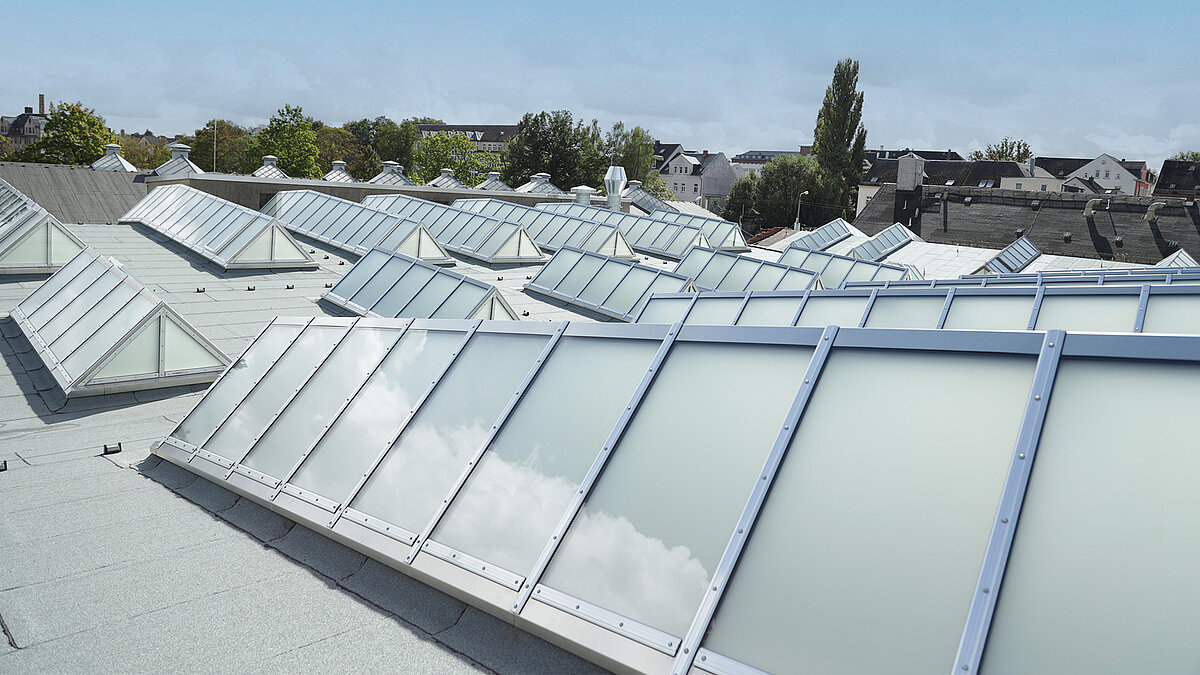 Roof view of the Chemnitz Tram Museum with Glass Roof PR60 in multiple shed roof configuration