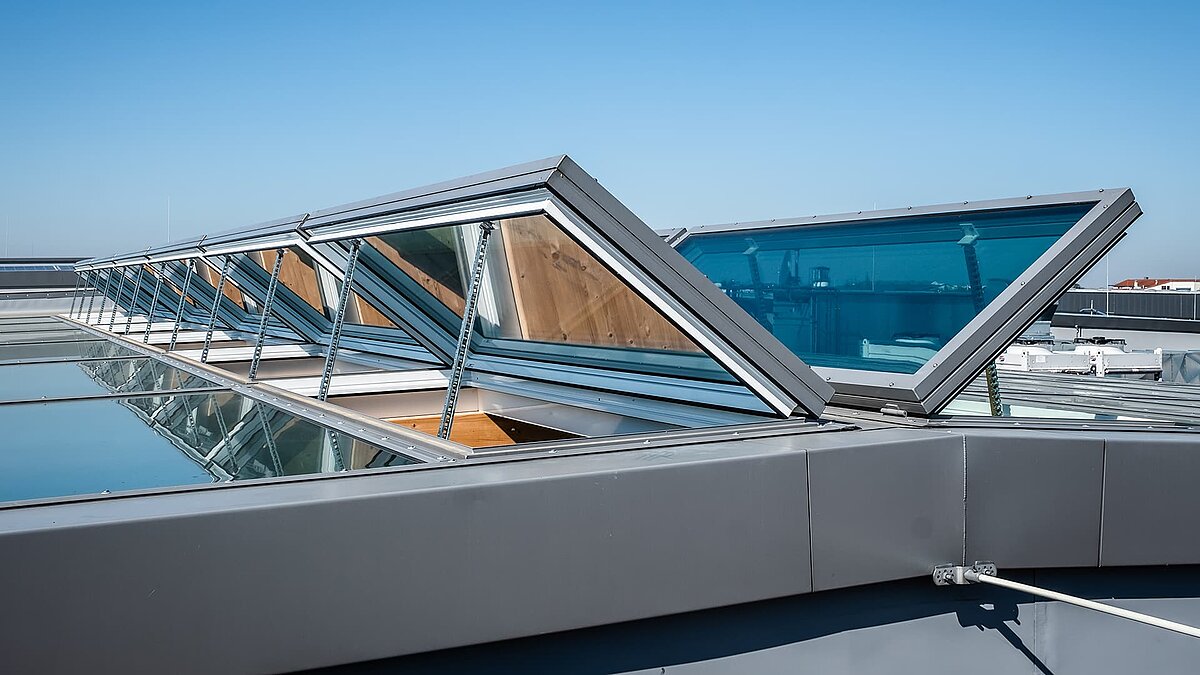 Open roof windows of the Byodo organic food store in Mühldorf, modern and functional design.
