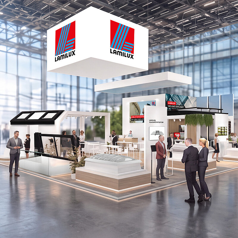 Digital erzeugter Blick auf den künftigen Stand von LAMILUX auf der BAU2027.