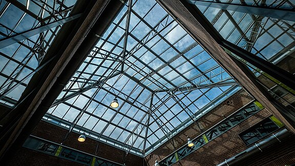 Glass roof at Dante-Gymnasium with a stable steel structure, providing a bright and safe school environment.