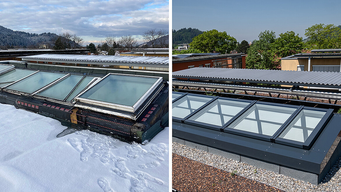 The meaning of renovation portraied by the renovation of windows on top of a roof.