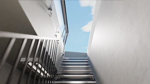 LAMILUX Flat Roof Access Hatch Service FE with staircase access and view to the sky