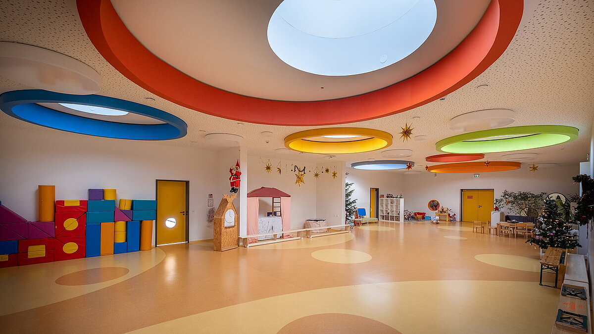 Bright, colorful interior of the "Glückliche Zukunft" daycare center in Sömmerda with large round skylights and colorful building blocks.