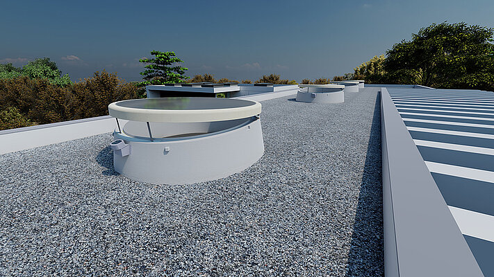 LAMILUX Glass Skylight F100 Circular with 5 degree inclined upstand on a flat roof with gravel