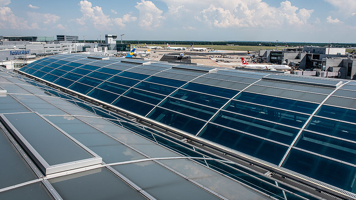 LAMILUX PR60 glass roof as a barrel roof on airport building for noise protection