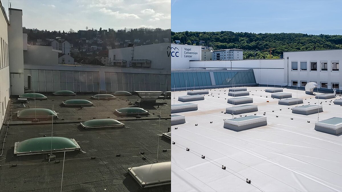 Comparison of the roof of the Vogel Convention Center in Würzburg before and after renovation, featuring old skylights and modernized flat roof windows.