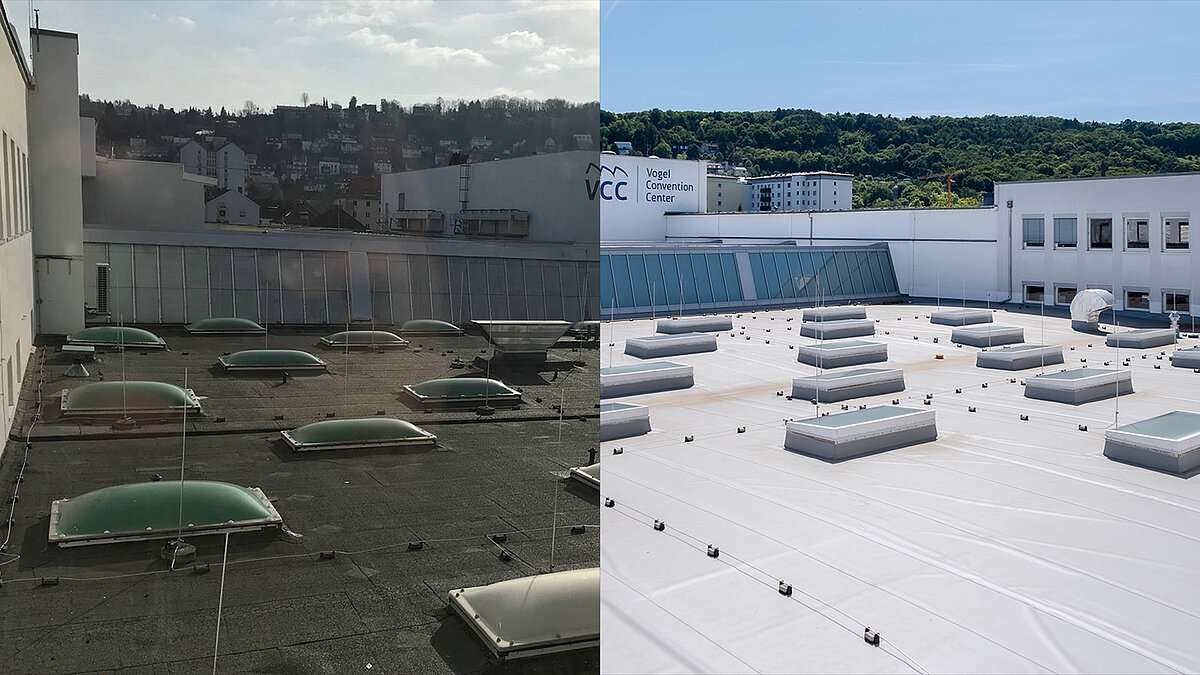 Comparison of the roof of the Vogel Convention Center in Würzburg before and after renovation, featuring old skylights and modernized flat roof windows.