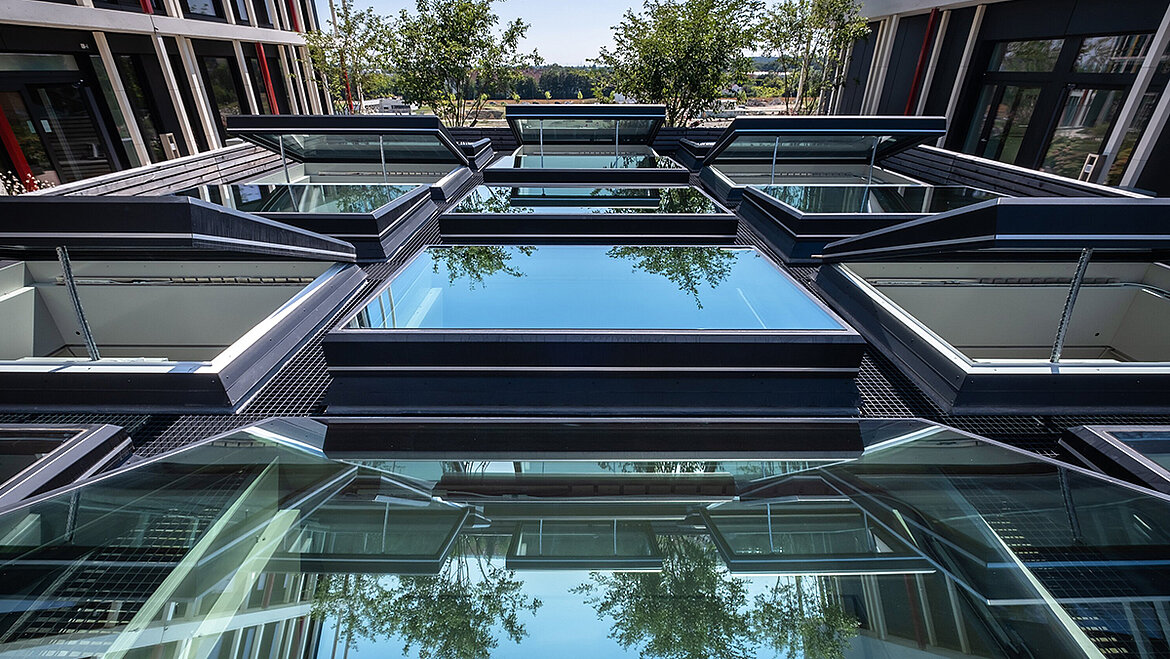 A modern glass roof with a steel structure, reflecting the trees and the blue sky