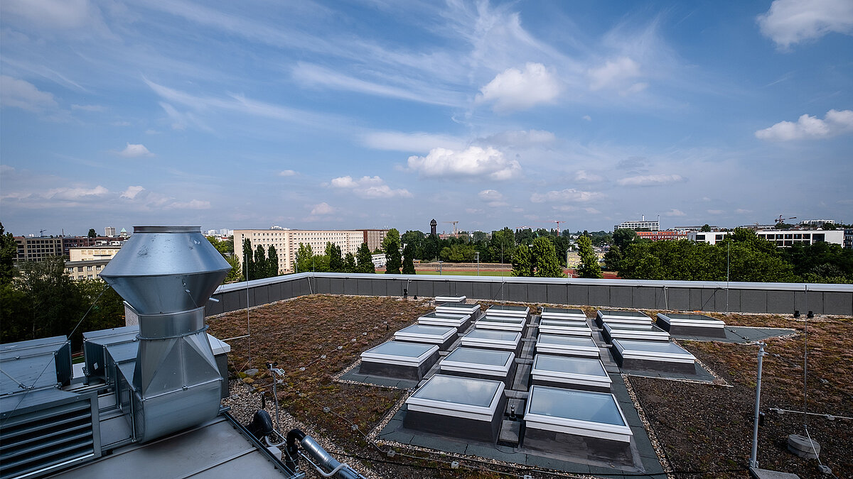 Green flat roof with LAMILUX flat-roof windows, metal vents, and the Berlin city skyline in the background