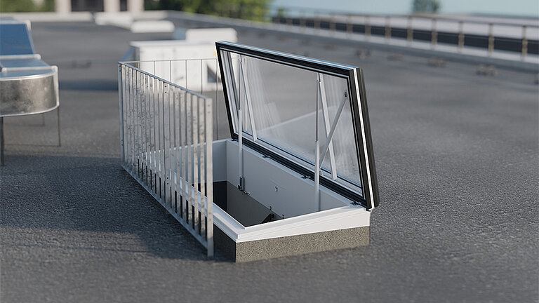 Salida de tejado plano LAMILUX FE con barandilla y ventana de cristal abierta en el tejado