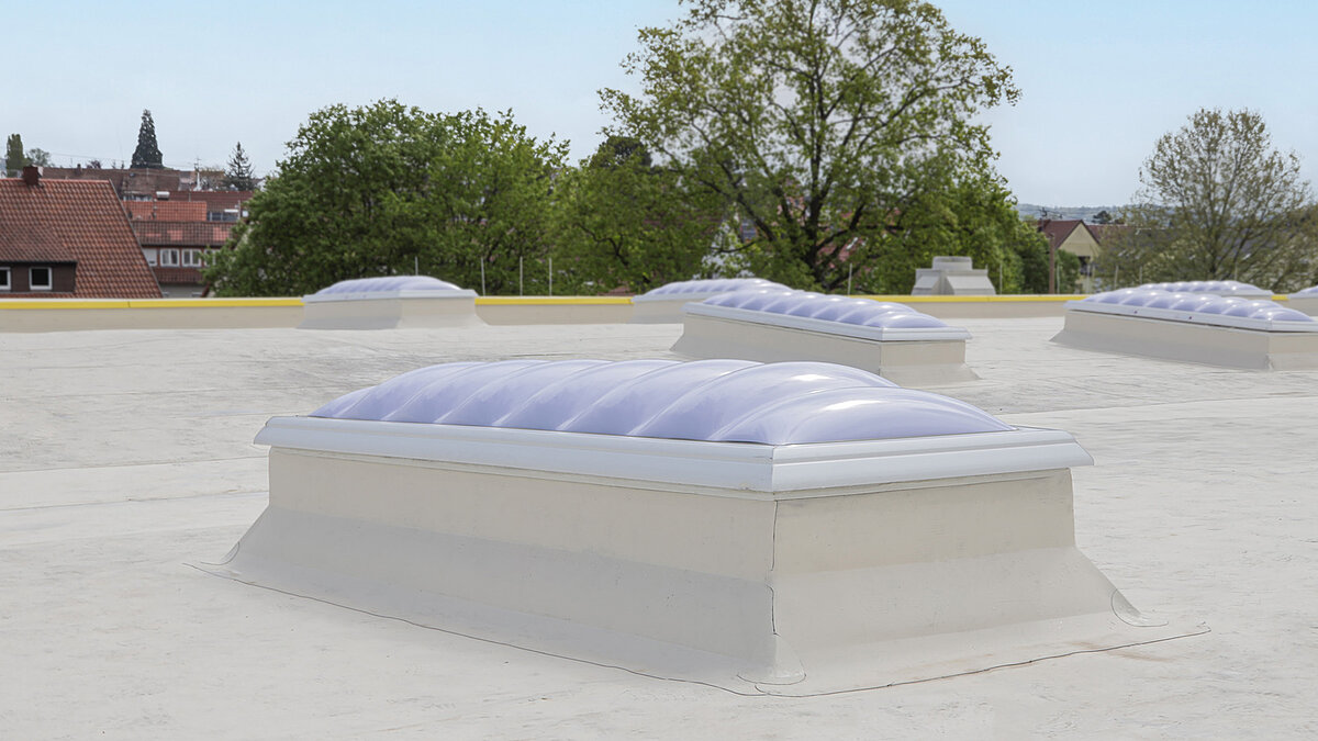 Some skylight domes on the roof of the Kärcher production hall in Winnenden.