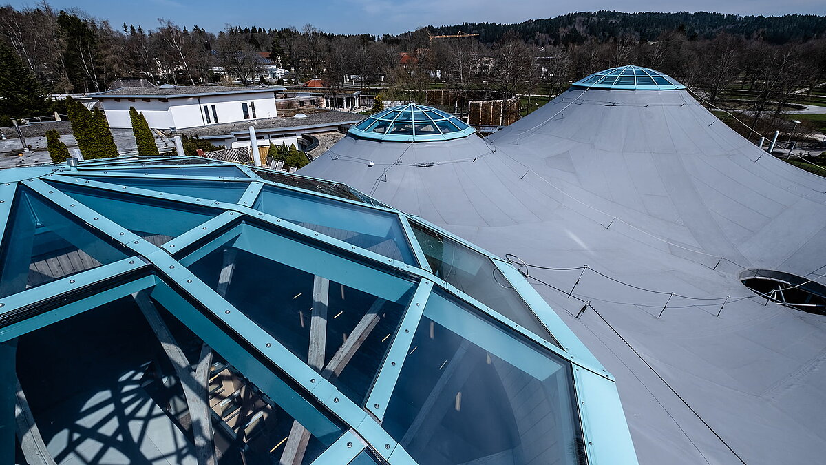 Rooftop view of the glass domes at the Solemar thermal spa in Bad Dürrheim with modern architecture.