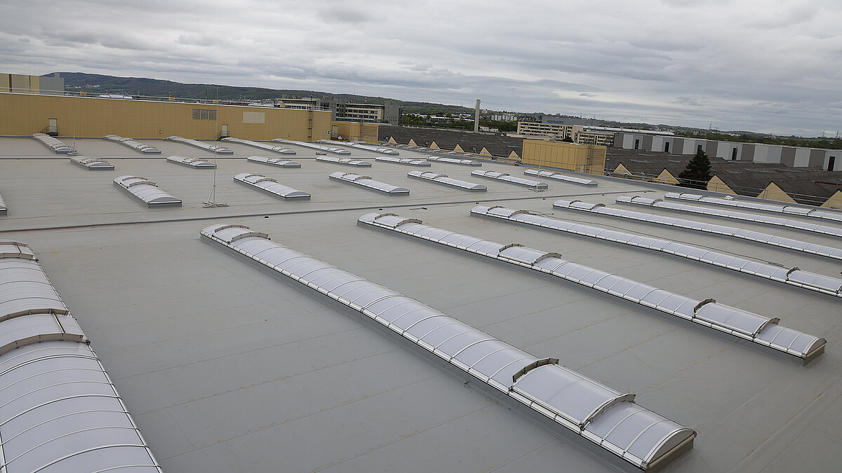 Roof of Heidelberger Druckmaschinen featuring numerous curved skylight strips for natural daylight illumination.