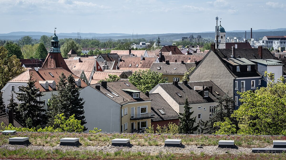 View from the roof of the Weiden district court with a green roof and small skylights, historical buildings and city rooftops in the background.