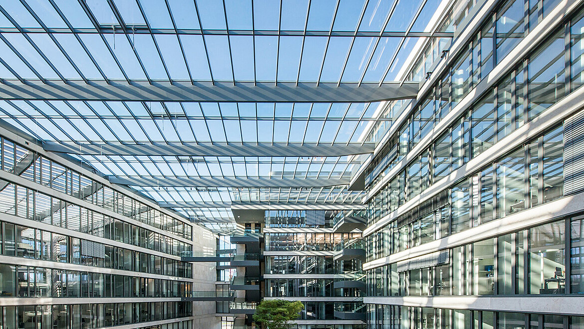 LAMILUX Glass Roof PR60 as large-scale glass canopy in modern office atrium