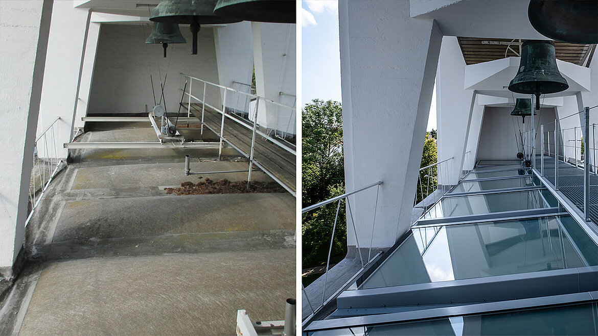 Vorher-nachher Sanierung eines Glockenturm-Stegs mit LAMILUX Glasdach PR60