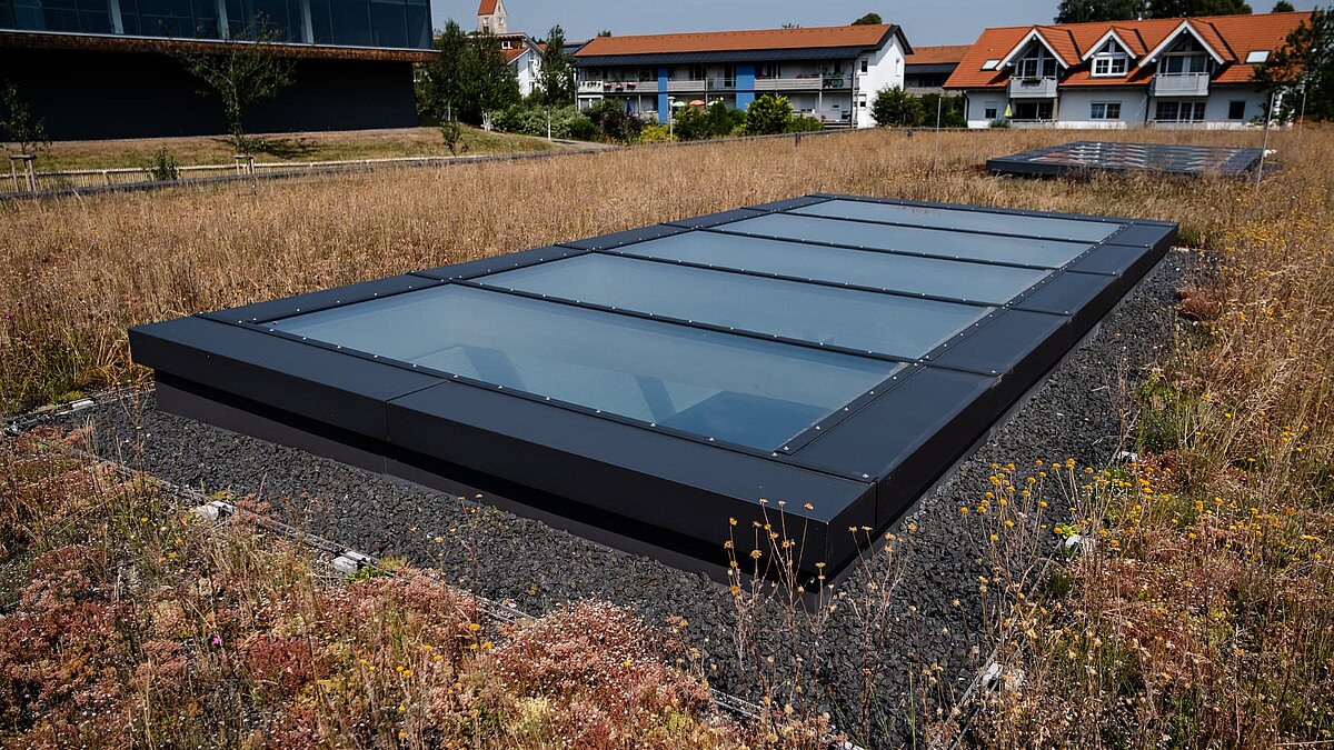 Large glass skylight on the green flat roof of the Wiggensbach daycare center for natural daylight.