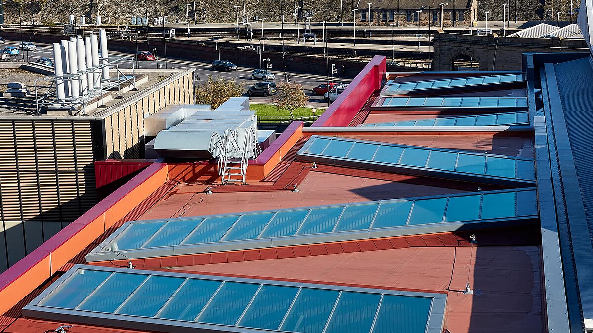 Roof view of Sheffield Hallam University featuring LAMILUX PR60 glass roof.