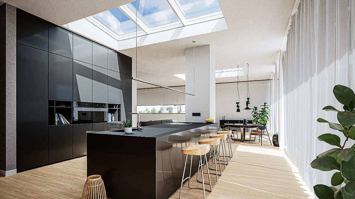 Bright, modern open-plan kitchen with skylight and black kitchen island.