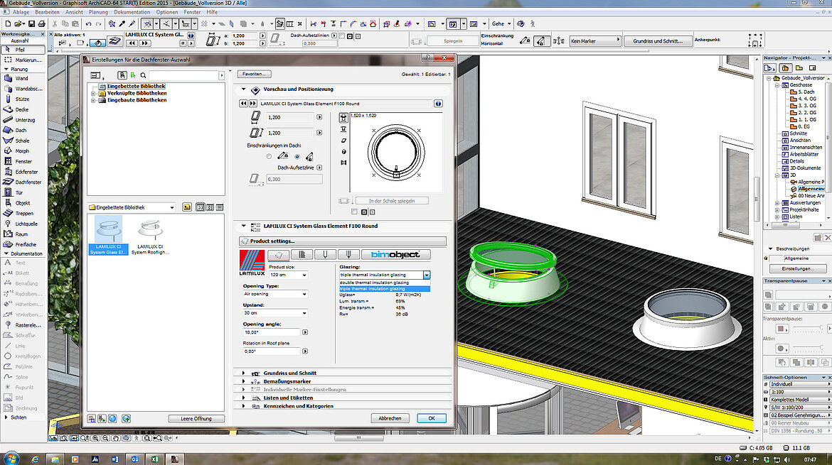Configuration of a BIM model of the LAMILUX flat roof window F100 round