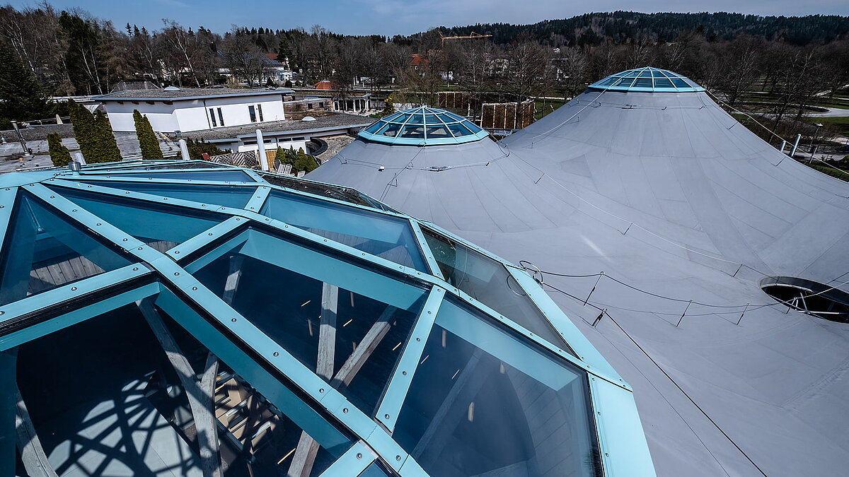 Rooftop view of the glass domes at the Solemar thermal spa in Bad Dürrheim with modern architecture.