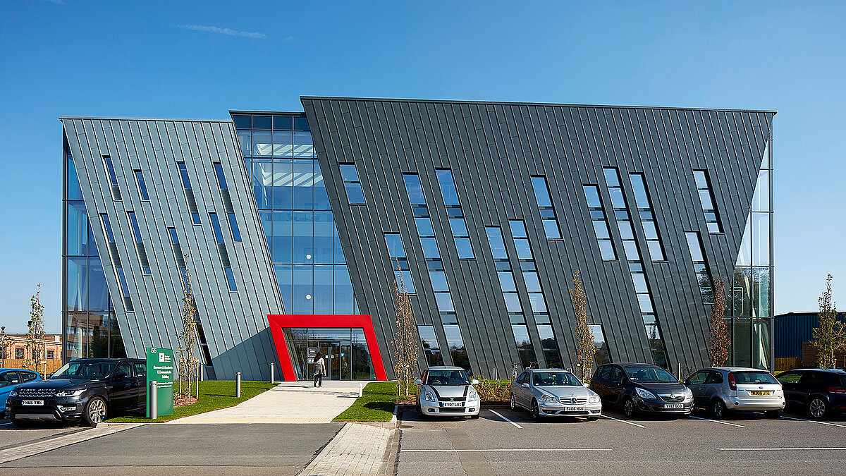 Modern metal façade with perforated aluminum panels at the University of Nottingham