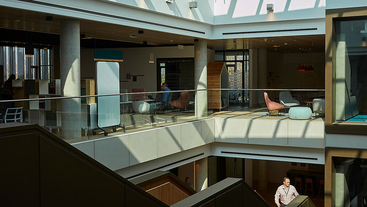 Modern atrium with skylights that let in plenty of daylight