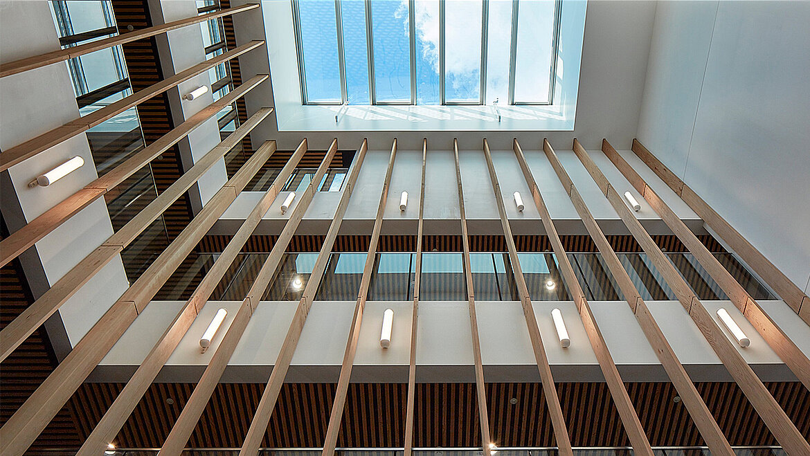Modern atrium with vertical wooden slats, glass facade and large skylight