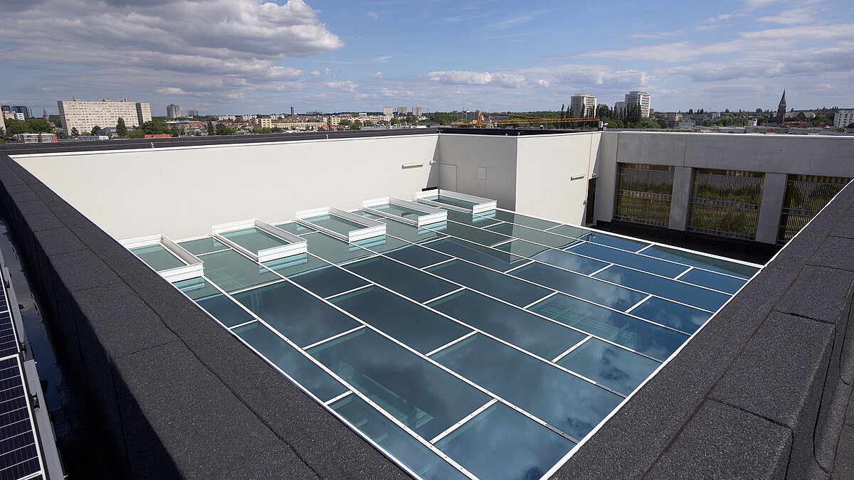 Flat roof with multiple glass roofs and surrounding parapet under blue sky