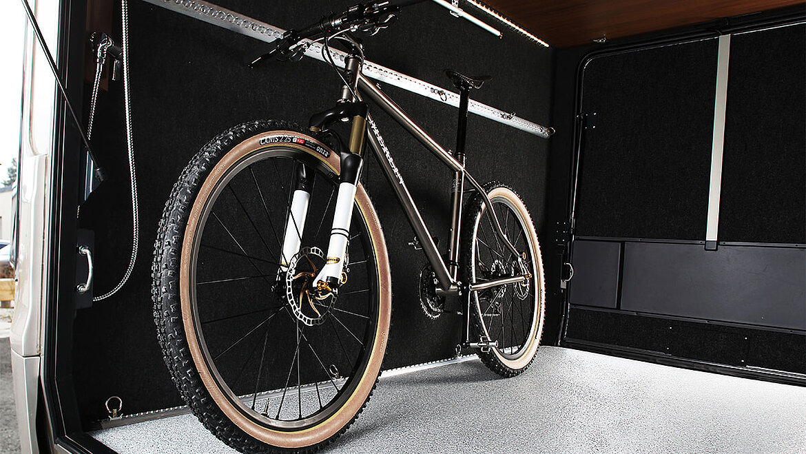 Rear garage in motorhome  Motorhome rear garage with bicycle | insights by LAMILUX