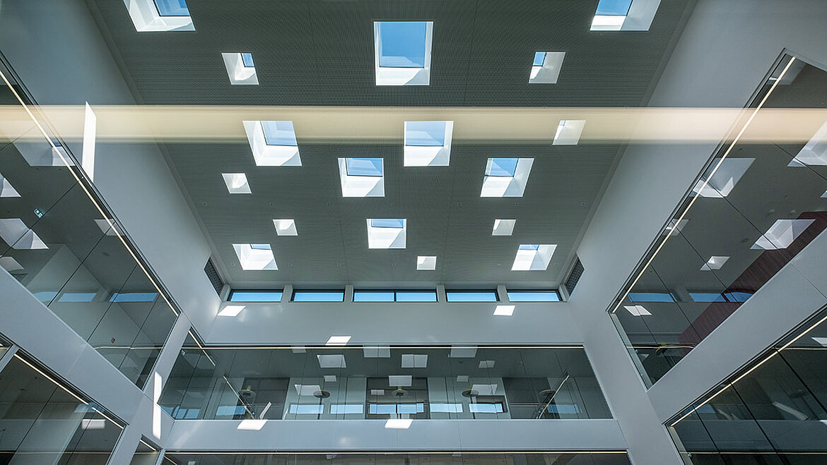 Ceiling with numerous flat roof windows in a modern building