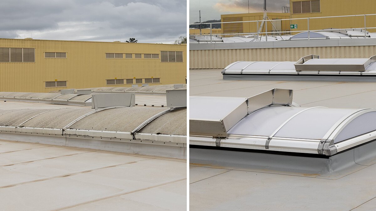 omparison of old and new skylight strips on the roof of Heidelberger Druckmaschinen.