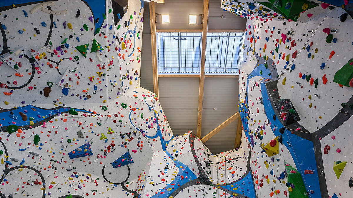 Climbing gym with colorful climbing walls and LAMILUX Continuous Rooflight B