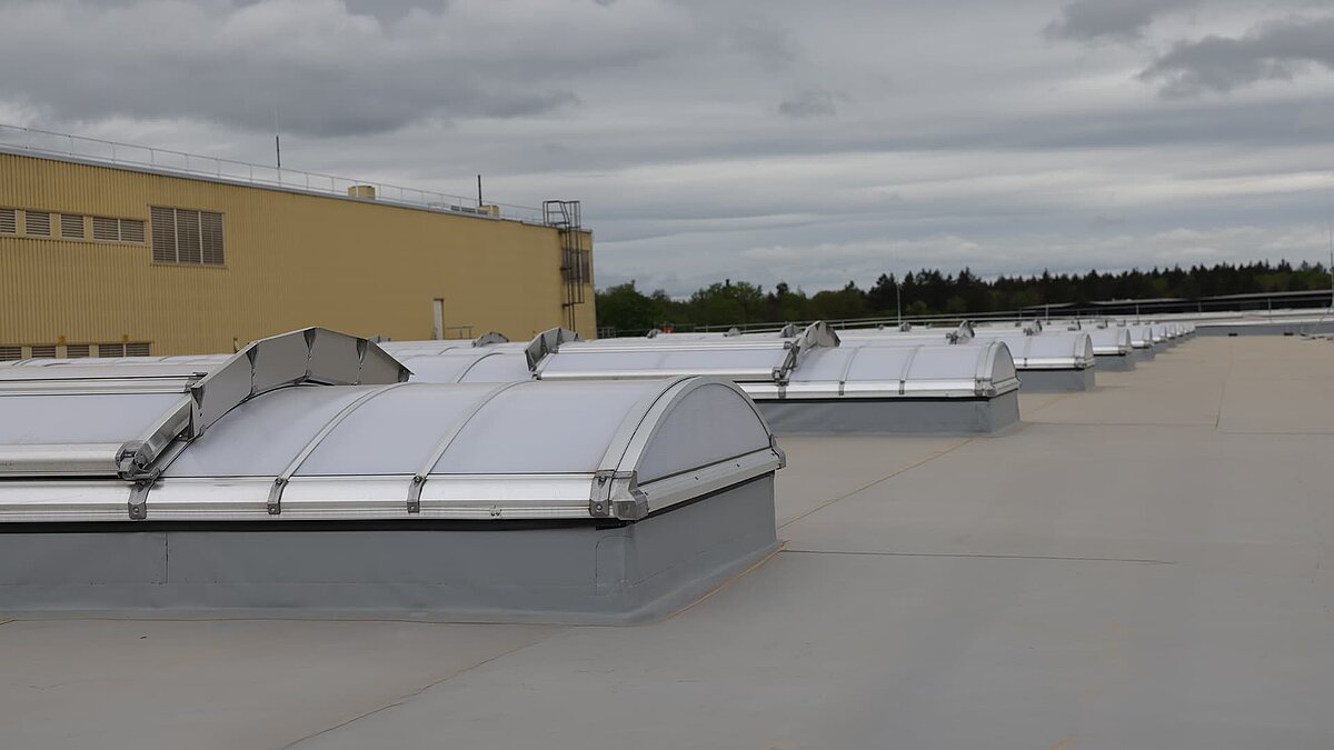Skylight strips on the roof of Heidelberger Druckmaschinen for natural daylight illumination.