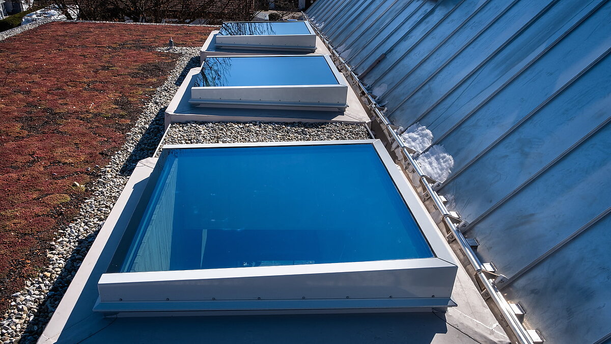 Flat roof with large skylights of the Waltenhofen daycare center and green roof section.