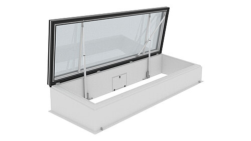 LAMILUX Flat Roof Access Hatch Service FE with open glass element shown in technical product image