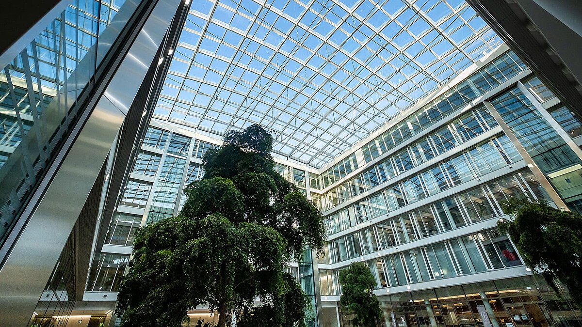 Interior view of the Newton office building of the TÜV Süd Group with a glass roof and large trees in the atrium.