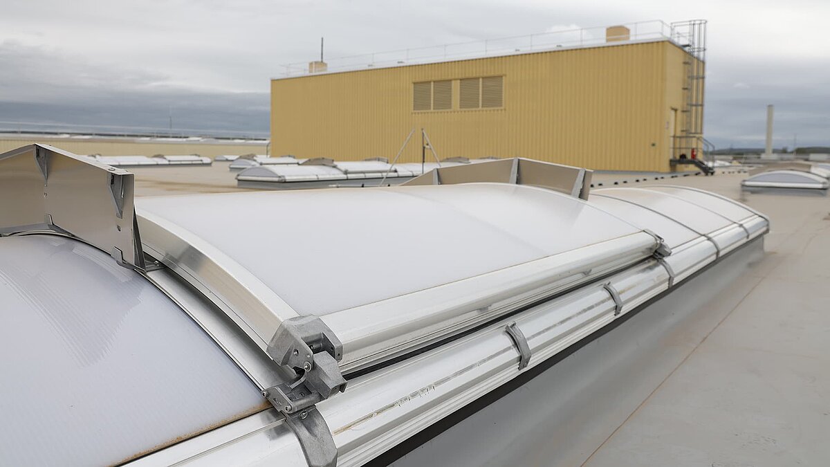 lose-up of modern skylight strips on the roof of Heidelberger Druckmaschinen.
