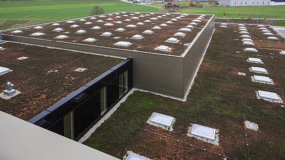 Exterior view of the roof of the Zaltech building in Moosdorf, Austria, with LAMILUX F100 flat roof windows and FE round flat roof windows.