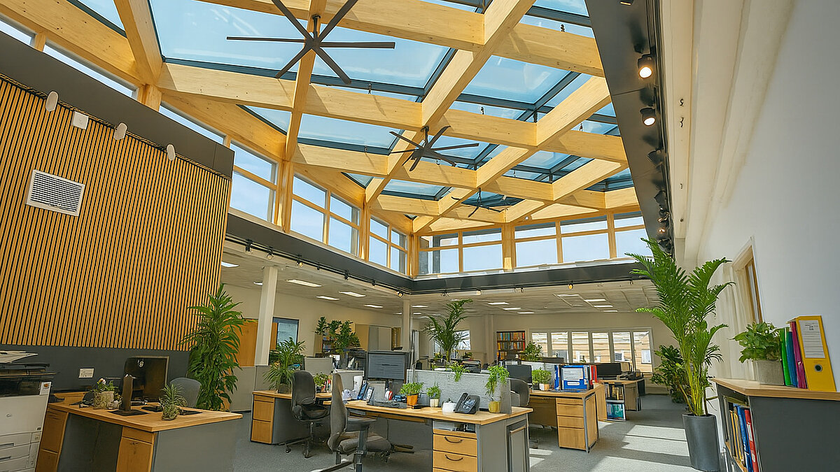 Modern office at Canterbury City Council with LAMILUX PR60 glass roof and timber structure.