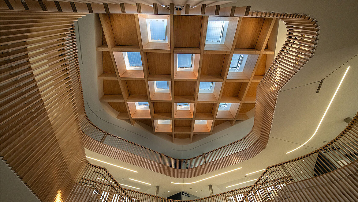 Atrium with organic wooden architecture and square skylights providing natural daylight illumination