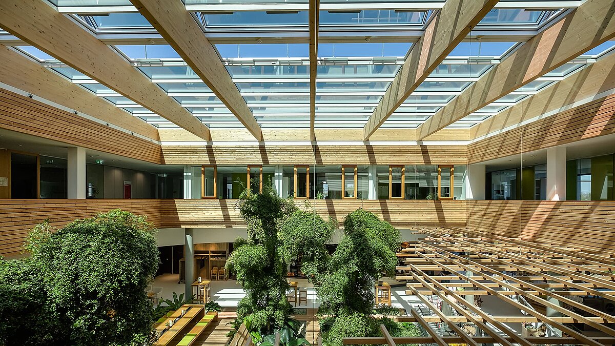 Light-filled atrium of the Byodo organic food store in Mühldorf, featuring large glass roof panels and lush indoor greenery.
