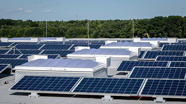 Blick auf Solarpanelle und wellenförmige Lichtkuppeln
